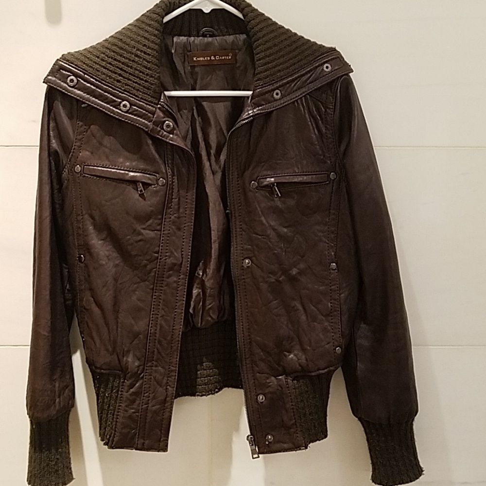 Brown leather bomber jacket